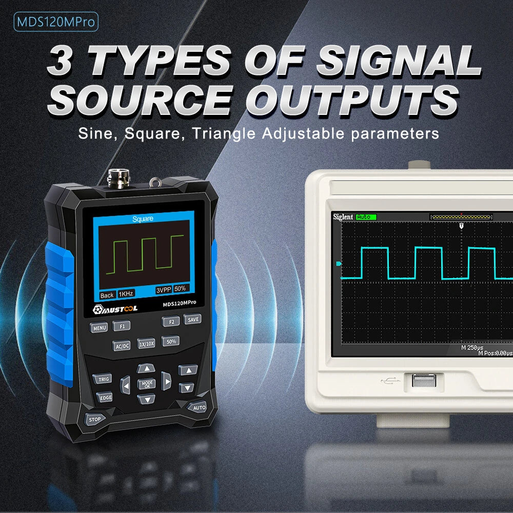 Mustool MDS120MPro 120MHz Digital Oscilloscope with 3MHz Signal Generator, 500MS/s, 2-in-1 Automotive Tool