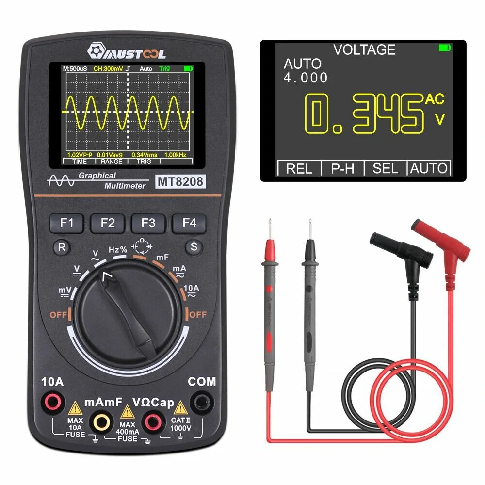 MUSTOOL MT8208 2-in-1 Smart Graphical Digital Oscilloscope Multimeter, 2.4 Color Screen, 1MHz Bandwidth, 2.5Msps Sampling Rate for DIY & Electronic Testing, Upgraded from MT8206