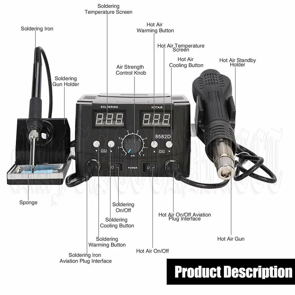 Dual LCD 2-in-1 Hot Air & Soldering Station - Precision Temperature Control & ESD Safe with Auto Cooling