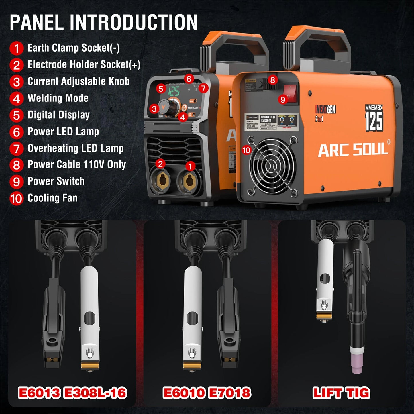 MMAMAX Portable 220V Welding Machine 125A 2-in-1 LIFT TIG IGBT Protection 160-270V Digital Display High Efficiency