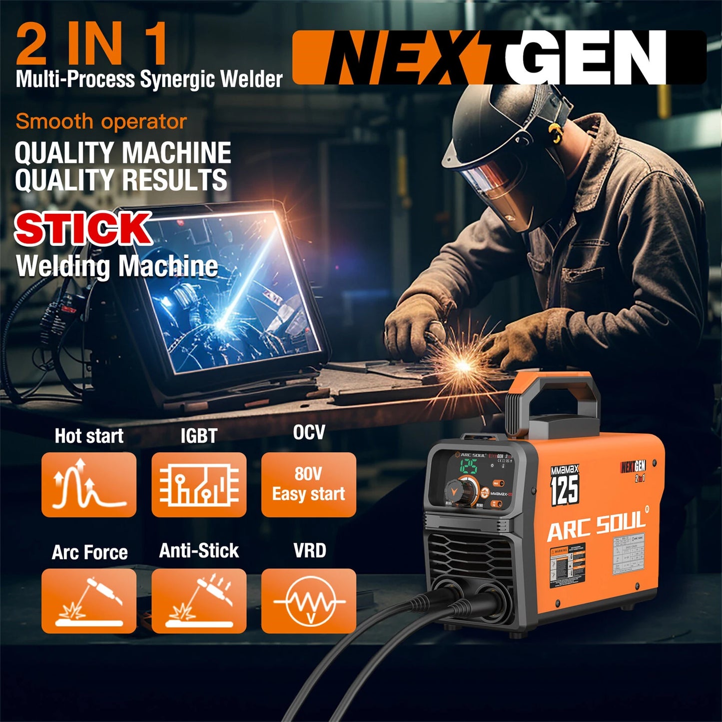 MMAMAX Portable 220V Welding Machine 125A 2-in-1 LIFT TIG IGBT Protection 160-270V Digital Display High Efficiency