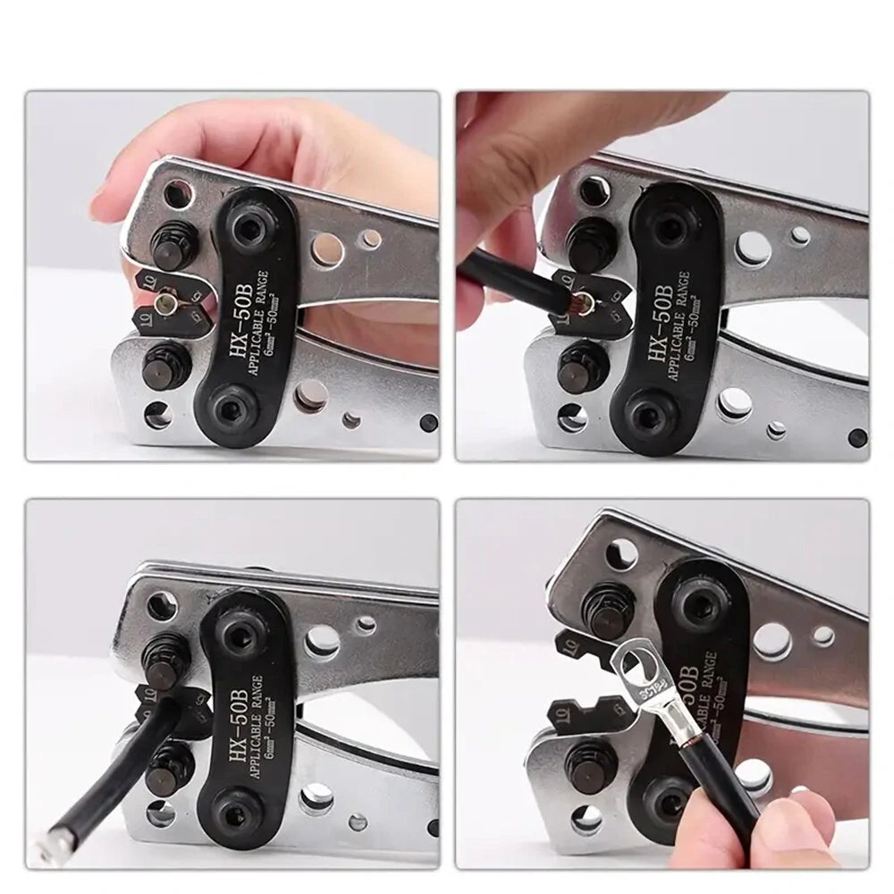 Battery Cable Crimping Tool Set HX-50B, 10-1 AWG, with 60 Copper Ring Terminals, 8 Sizes