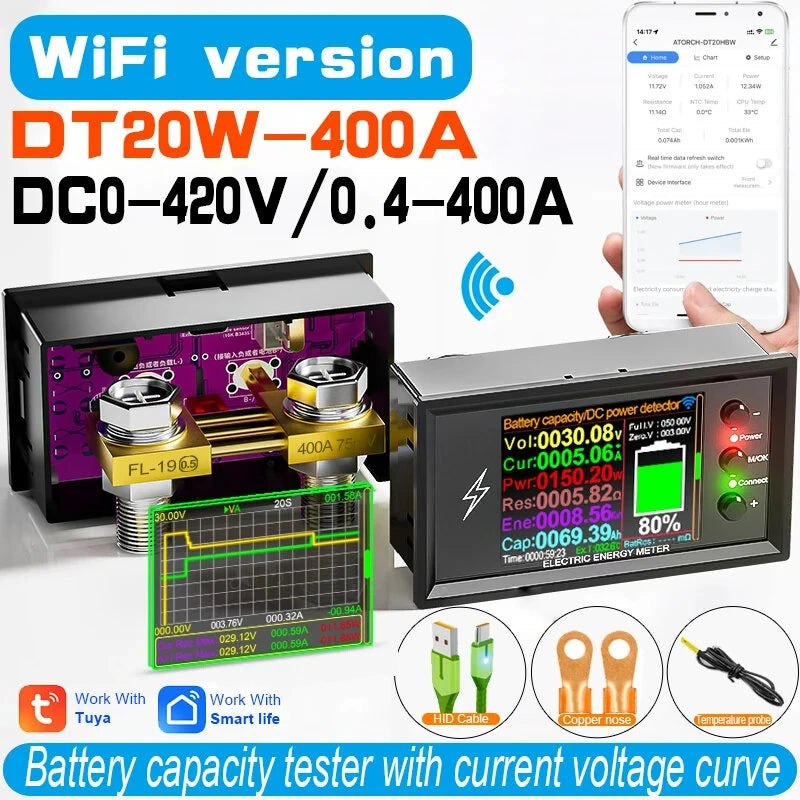 DT20W Smart Lithium Battery Tester 420V 600A with WiFi Tuya App and Digital Display