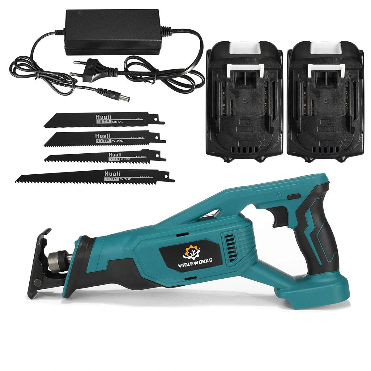 VIOLEWORKS 18V Cordless Reciprocating Saw with 4 Blades, Includes 1/2 Batteries for Woodworking Tasks