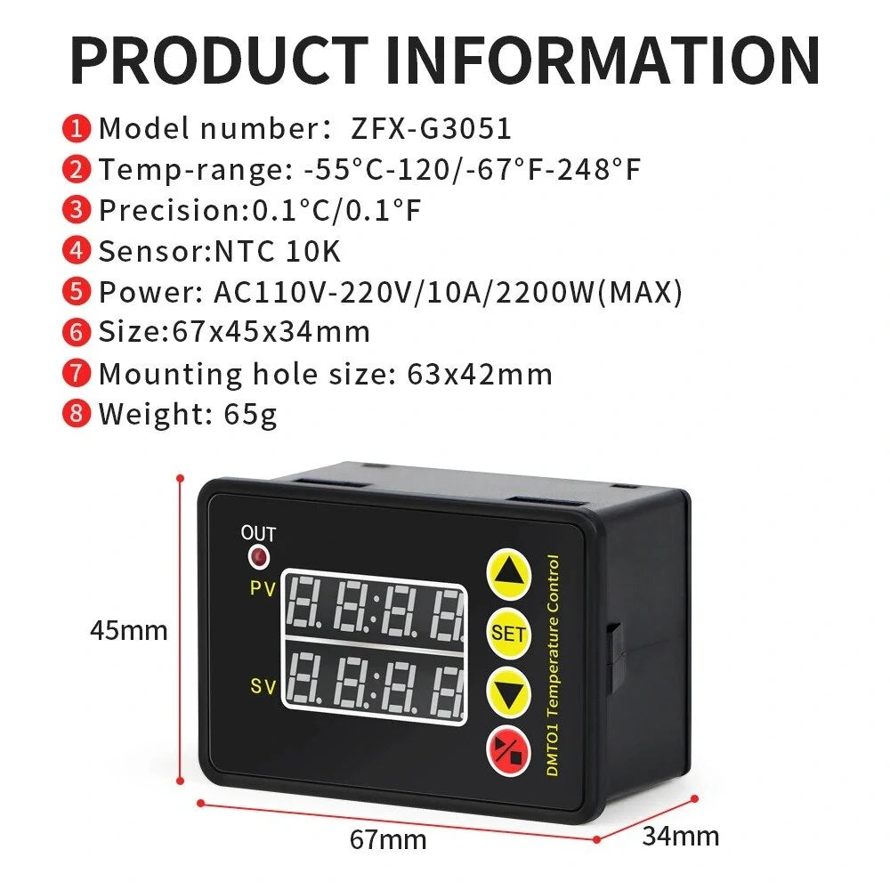 ZFX-G3051 Digital Thermostat Controller with NTC Sensor for Heating & Cooling, AC110-220V