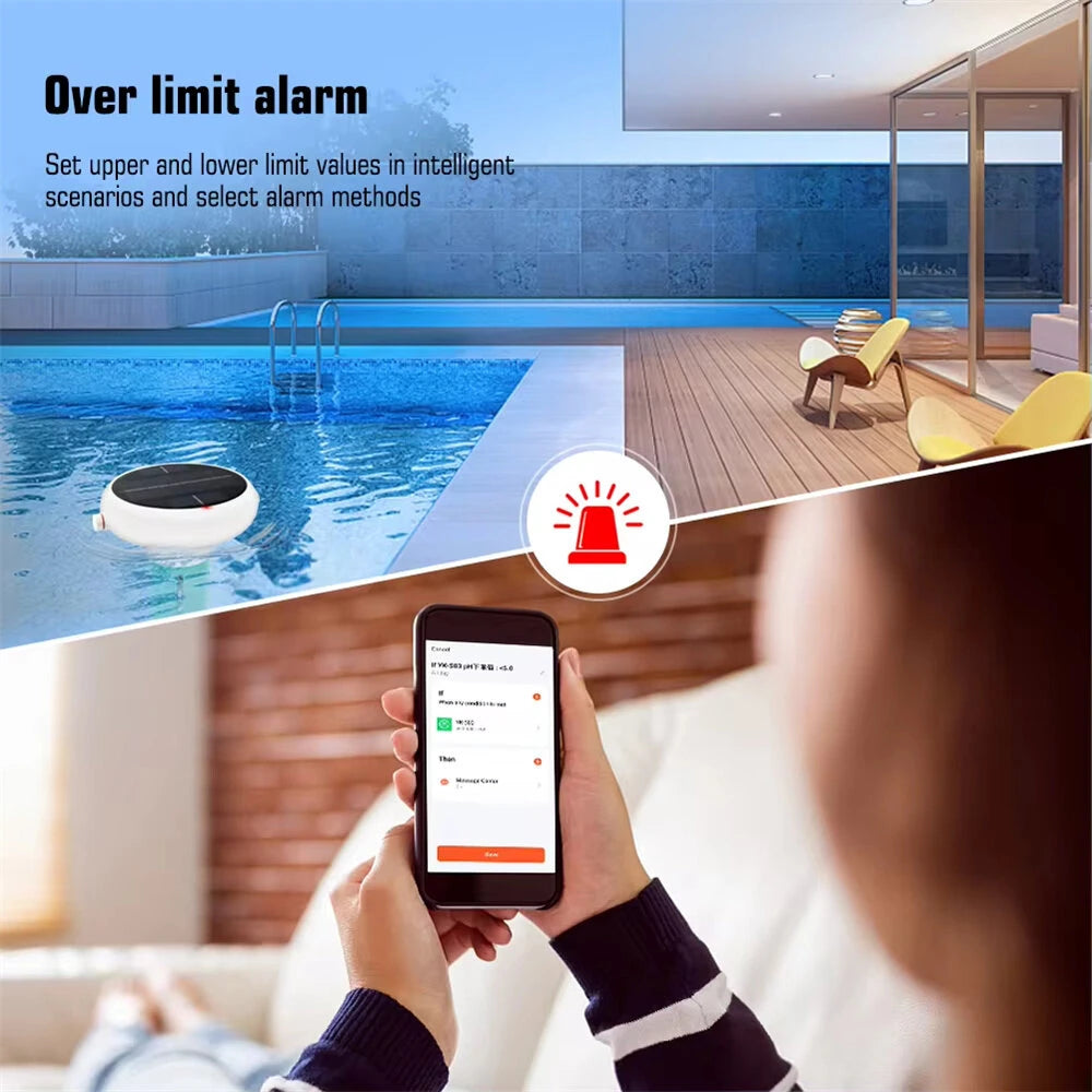 Solar-Powered Tuya Zigbee WiFi Pool Water Quality Tester | 7-in-1 pH, Chlorine & Salinity Monitor | USB Charging & App Control