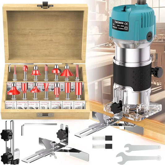 High-Precision 800W Electric Wood Router Trimmer, 30,000 RPM with 15 Tungsten Carbide Bits and Transparent Base for Grooving, Trimming, Carving Woodworking
