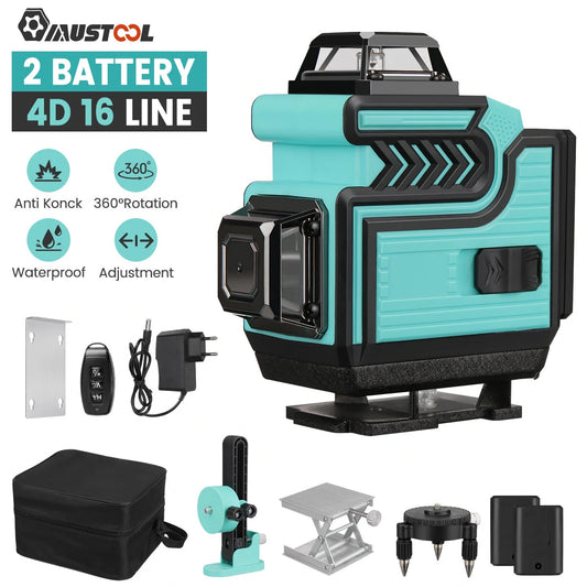 MUSTOOL 16-Line 4D Laser Level with Dual Batteries, 360° Self-Leveling Green Light for Horizontal & Vertical Cross Measurement