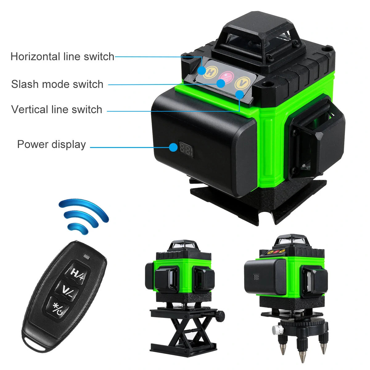 4D Green Laser Level with Self-Leveling, 16 Lines, 360° Vertical Cross & Horizontal Lines, Outdoor Use, Includes 1/2 Battery