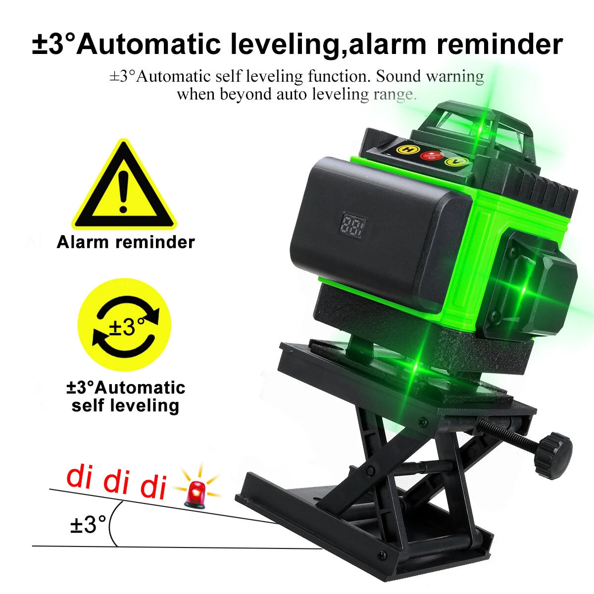 4D Green Laser Level with Self-Leveling, 16 Lines, 360° Vertical Cross & Horizontal Lines, Outdoor Use, Includes 1/2 Battery