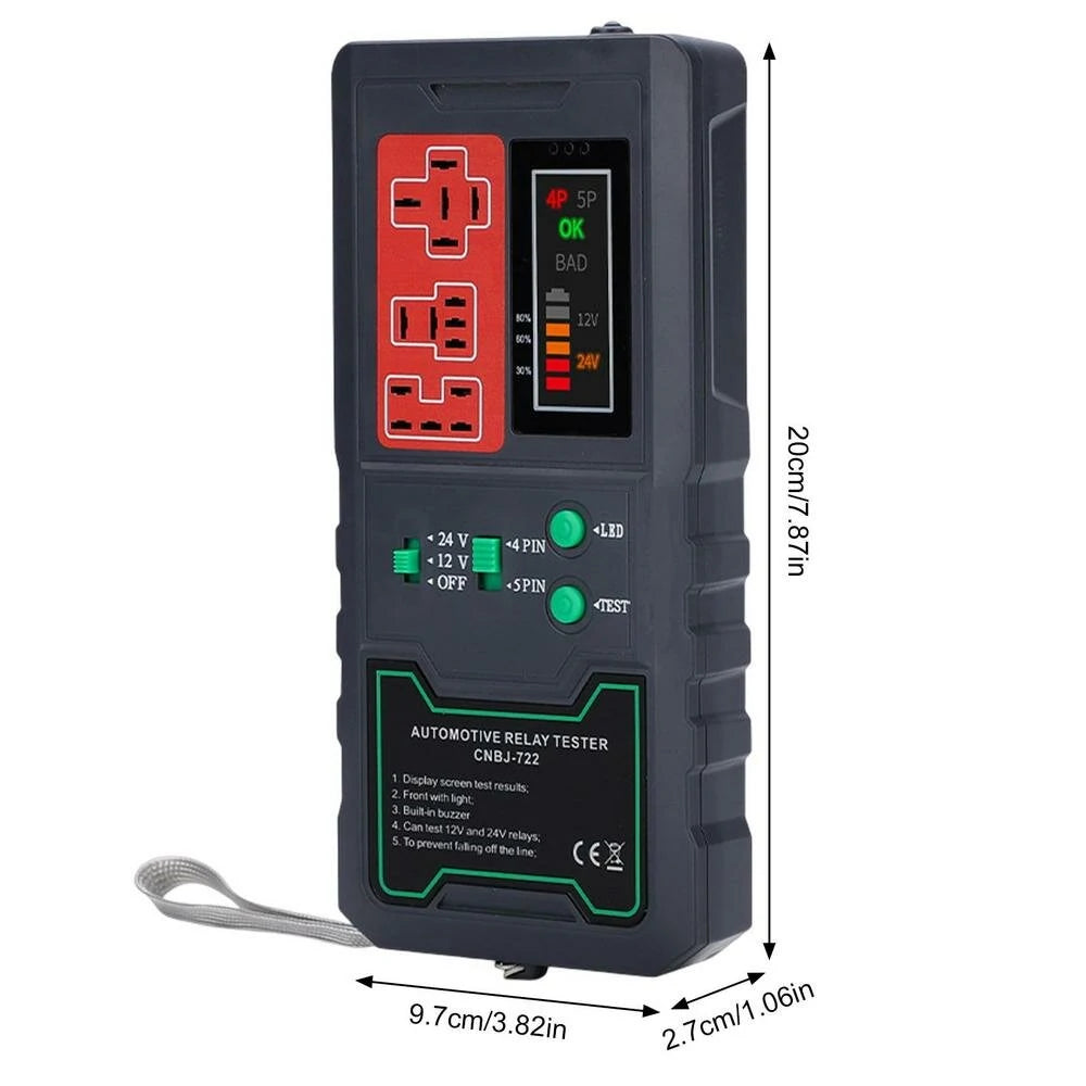 LED Display Car Relay Tester 12V/24V, 4-Pin/5-Pin Tool with Large Capacity Battery