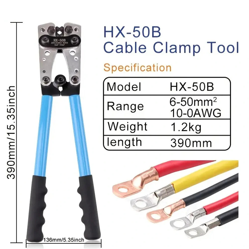 Battery Cable Crimping Tool Set HX-50B, 10-1 AWG, with 60 Copper Ring Terminals, 8 Sizes