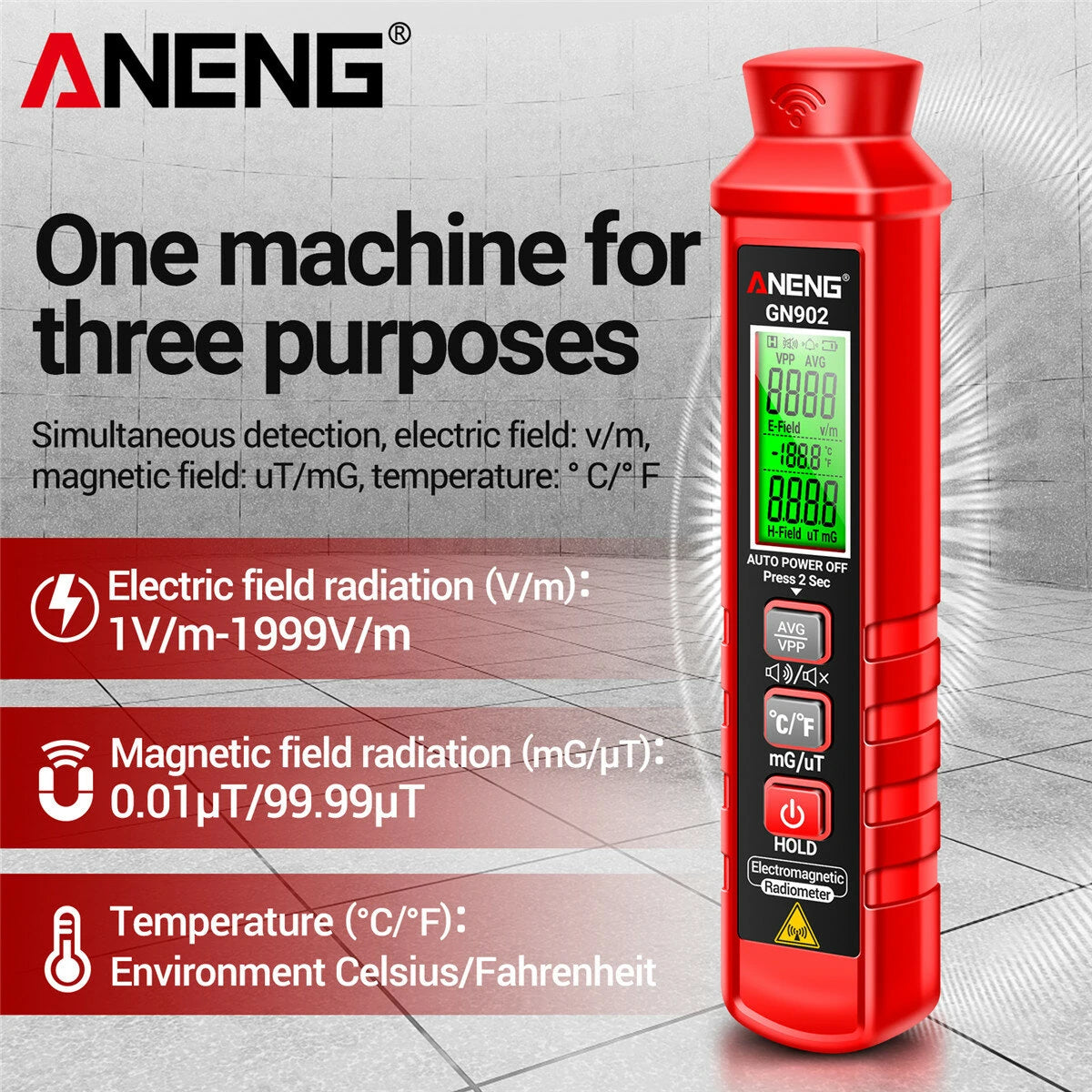 ANENG GN902 3-in-1 Electromagnetic Radiation Tester: Electric & Magnetic Field, Temperature Detection 5Hz-3500MHz, Safety Alarm LCD Display