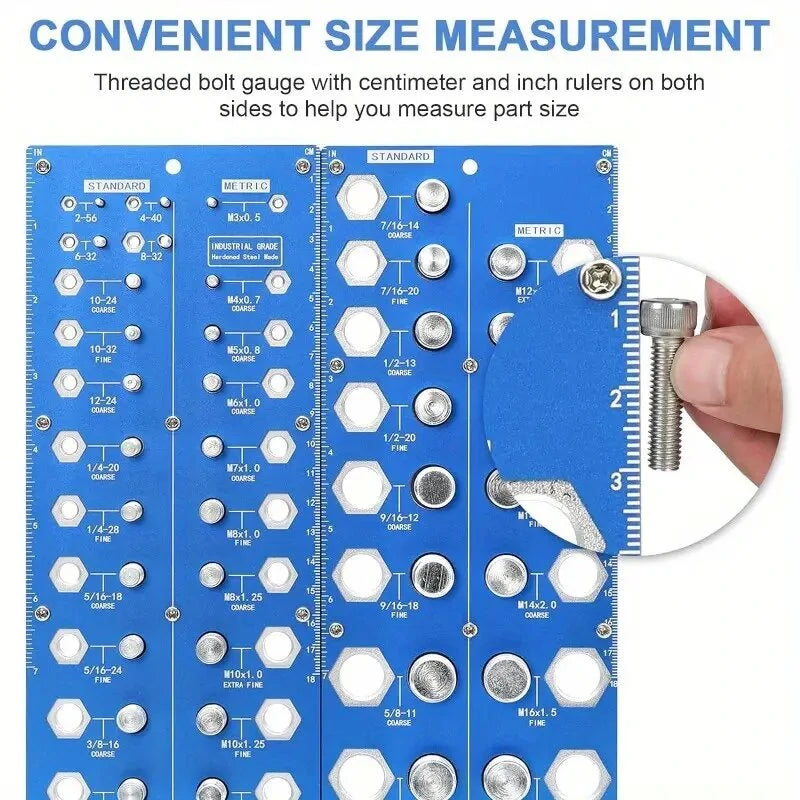 Metal Nut & Bolt Thread Checker Set - 21 SAE & 17 Metric Sizes for Easy Sorting & Identification