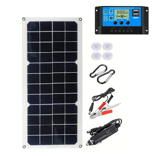 30W Mono Solar Charging Panel with Suckers & Carabiner for Dual Output - 12V/5V Camping Fan/Lamp/Power Generator System