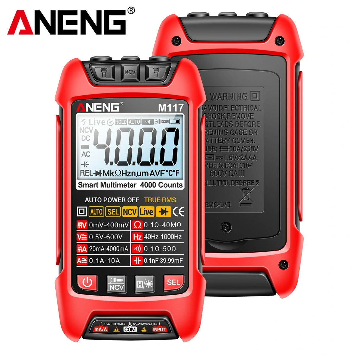 ANENG M117 High Precision True RMS Digital Multimeter with AC/DC Voltage, Current, and Resistance Measurement, Capacitor Reading, Data Hold, Auto Power Off, and Backlit Display