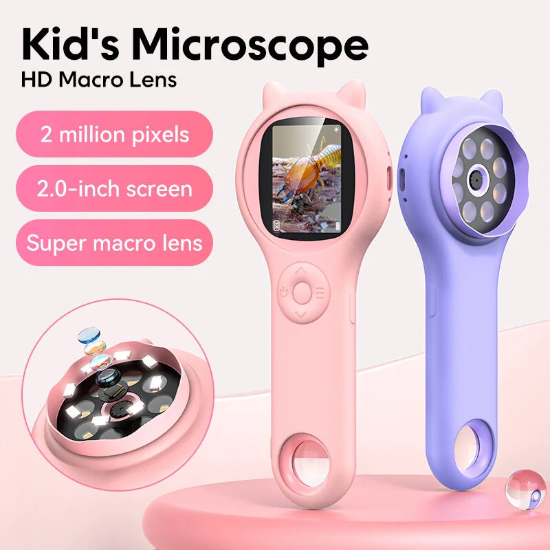 Kids Mini Pocket Microscope 500X with 2.0 Screen, Fast-Charge Battery, & 8 LED Lights for Science Exploration