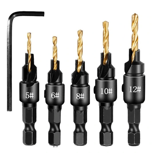 5-Piece Countersink Drill Bit Set for Woodworking - Pilot Holes for Screw Sizes #5-#12
