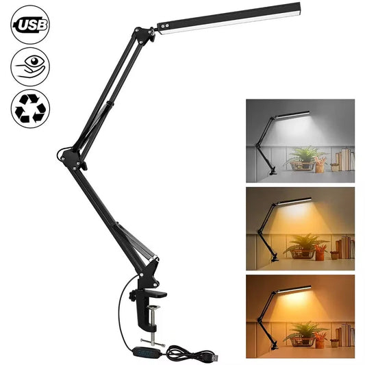 Dimmable 10W LED Desk Lamp with Clamp - Adjustable Arm, 10 Brightness Levels, 3 Color Modes, Eye-Care Lighting for Home Office