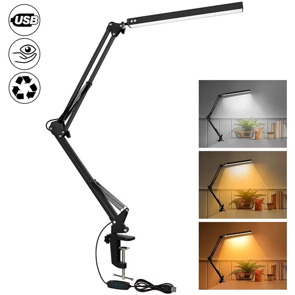 Adjustable 10W LED Desk Lamp with Clamp - Dimmable Brightness & 3 Color Modes for Eye-Care Home Office Lighting