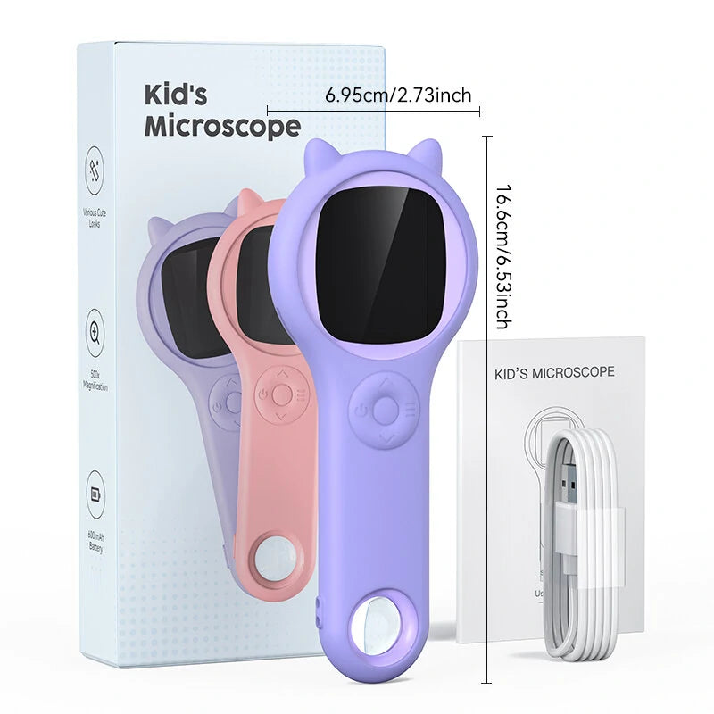 Kids Mini Pocket Microscope 500X with 2.0 Screen, Fast-Charge Battery, & 8 LED Lights for Science Exploration