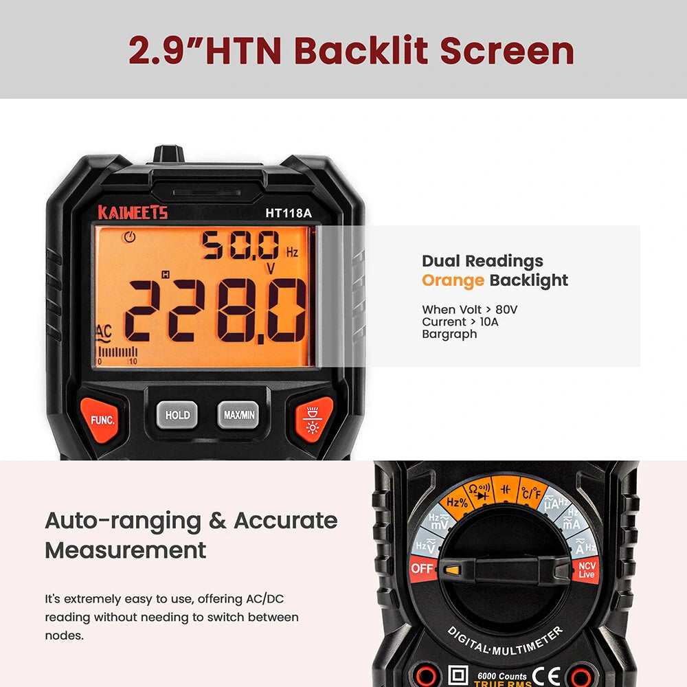 KAIWEETS HT118A TRMS Digital Multimeter 6000 Counts with Flashlight & Safety Features for Household & Automotive Testing - EU/US Direct