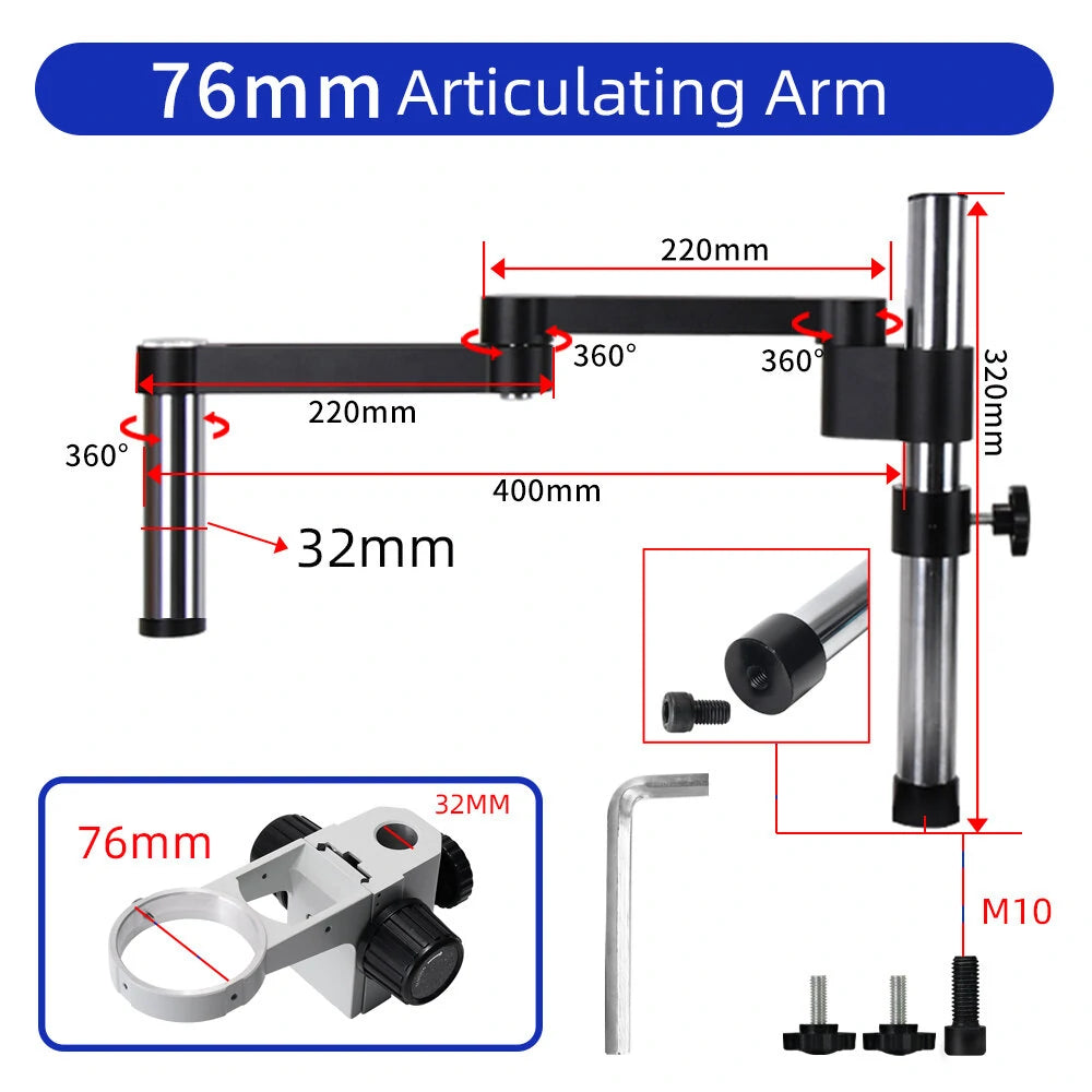 Articulating Arm Clamp Microscope Bracket with 76mm & 50mm Focusing Holder for Stereo Microscope & Monocular Lens Camera