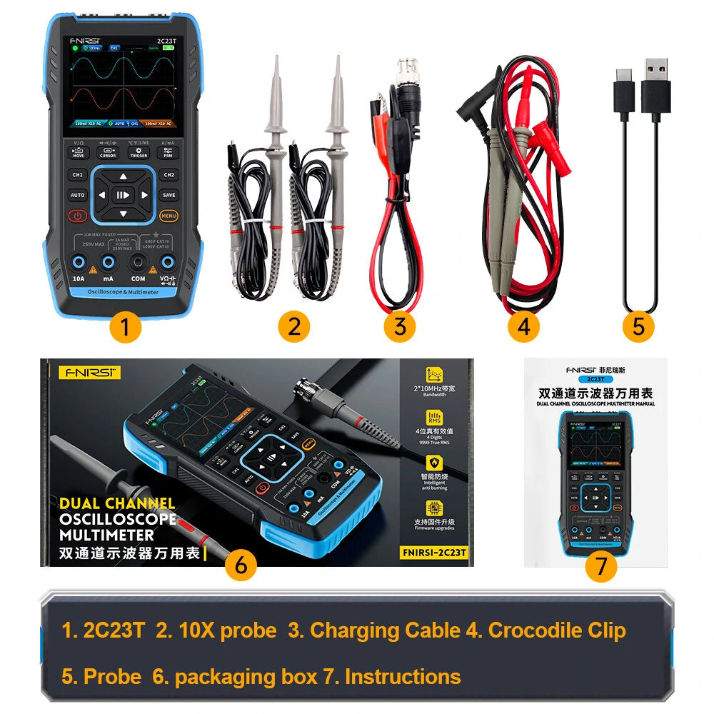 FNIRSI 2C23T 3-in-1 Handheld Oscilloscope Multimeter & Signal Generator - Dual Channel 10MHz*2, 50MS/s