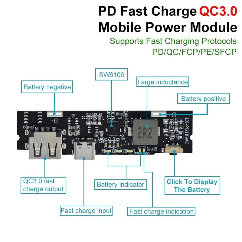 18W PD Fast Charge Module - QC3.0 USB-A Output, Boost for Multiple Devices with Indicator