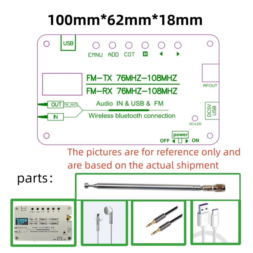 Portable Bluetooth FM Transmitter & Receiver with AUX/USB, 76MHz-108MHz, Built-in Rechargeable Battery