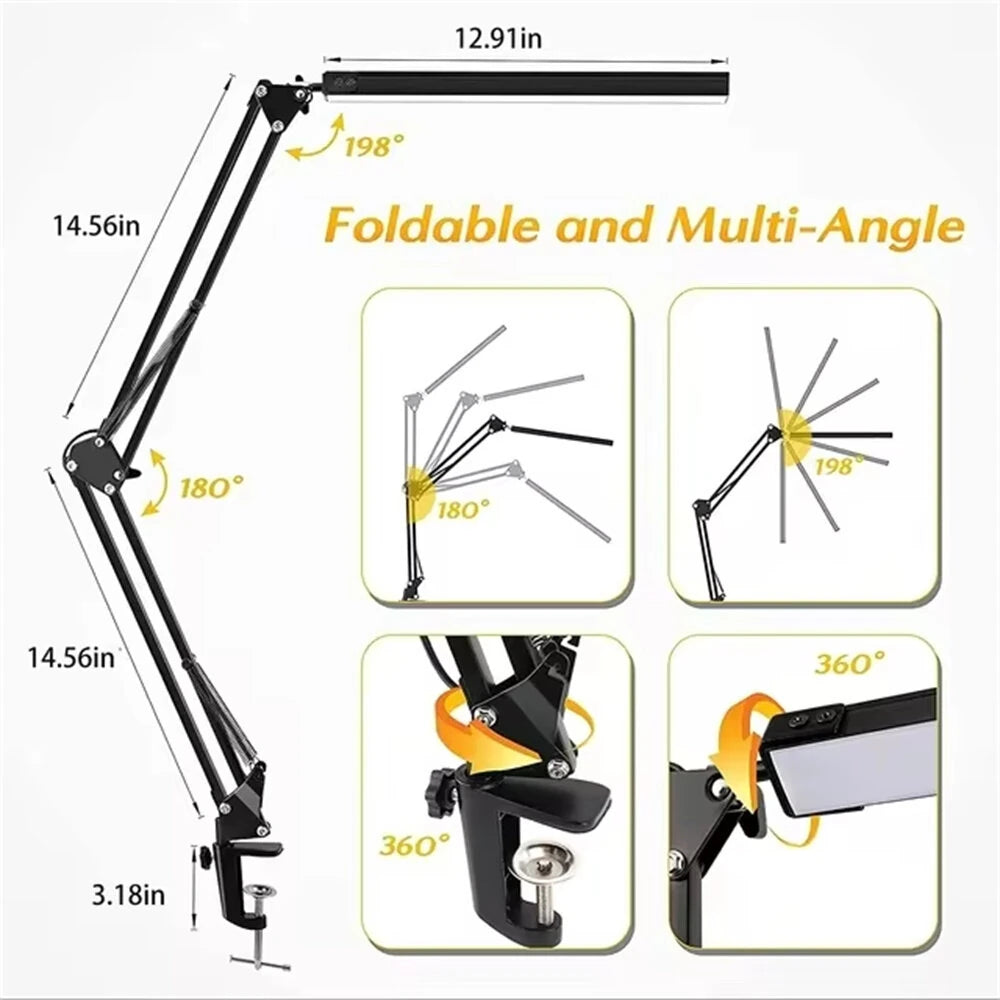 Adjustable 10W LED Desk Lamp with Clamp - Dimmable Brightness & 3 Color Modes for Eye-Care Home Office Lighting