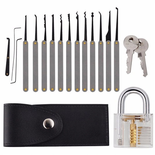 Clear Training Padlock & 12-Piece Lock Pick Set with Key Extractor Tools