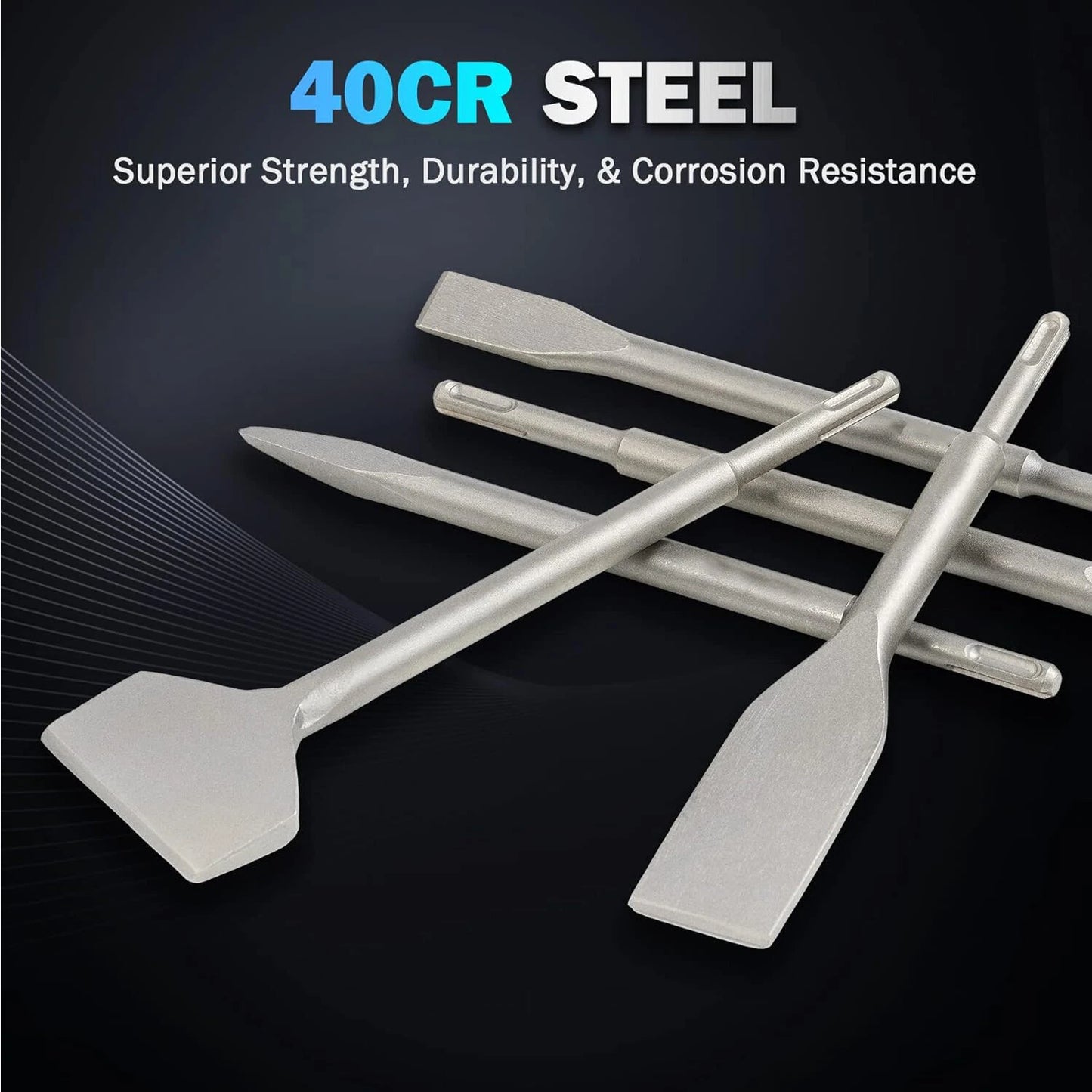 SDS Plus Chisel Set - 6PCS 40Cr Steel Rotary Hammer Bits for Masonry, Concrete, Tile - Grooving, Scraping, Flat & Point Scaling Chisels