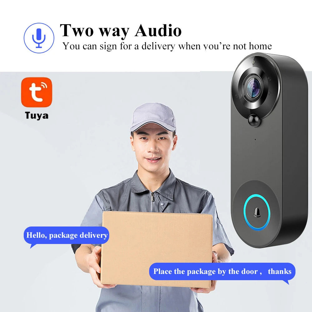 Smart WiFi Tuya 1080P Video Doorbell with Wide-Angle, PIR Motion Sensor, Night Vision, Two-Way Audio, TF Card & Cloud Storage for Home Security
