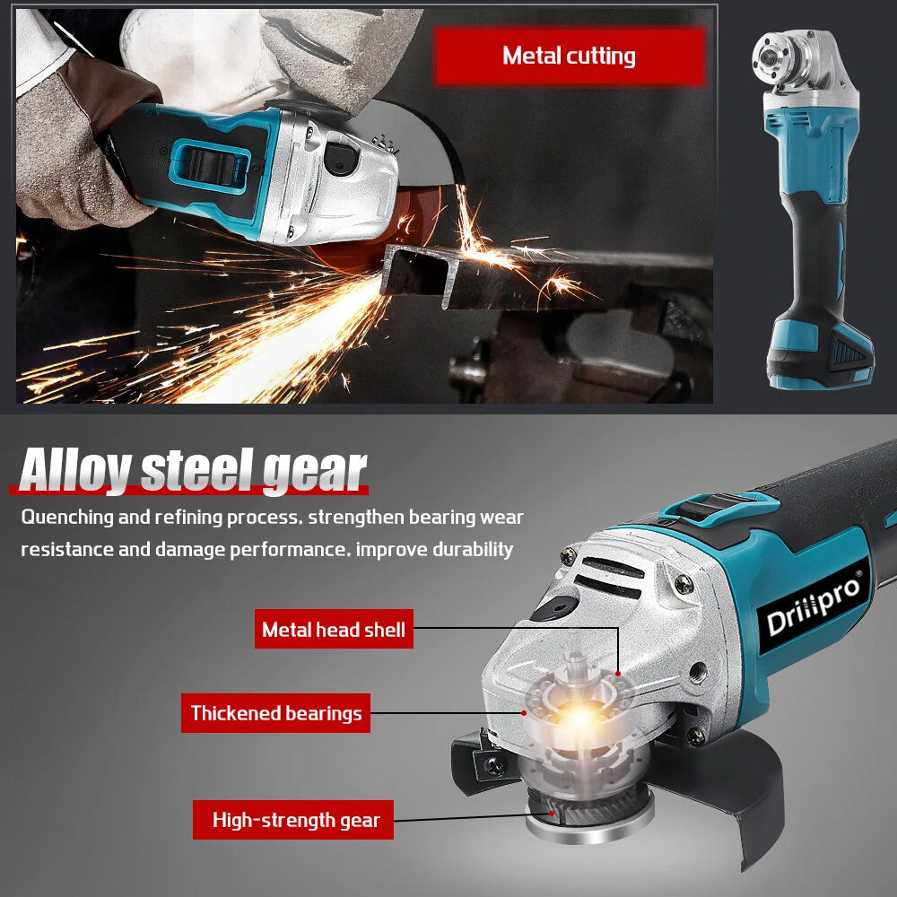 Rechargeable Drillpro 125mm 18V Brushless Angle Grinder with Adjustable Speed and Battery - Blue/Black