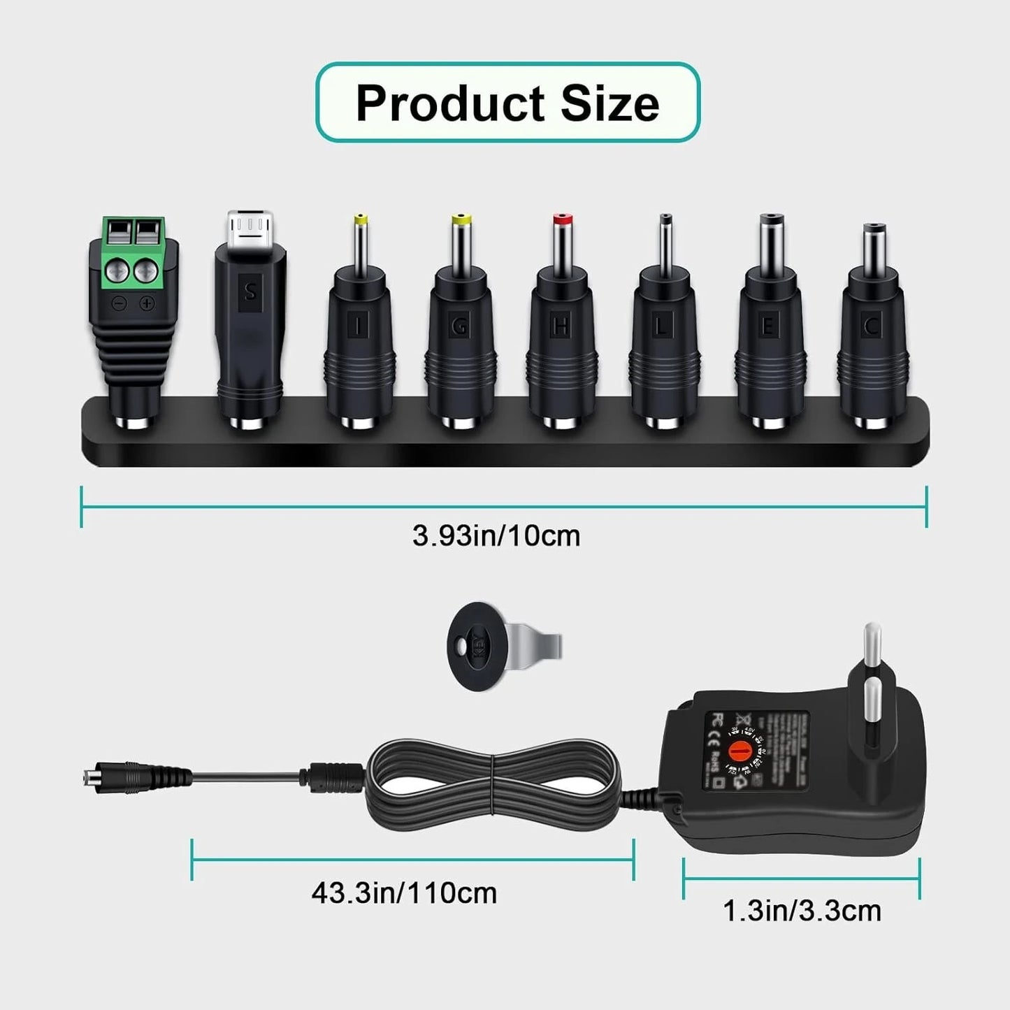30W Universal AC to DC Power Adapter 3V-12V 2A with 5V 2.1A USB, 8 DC Plugs EU/US for LED, CCTV, Router, TV Box