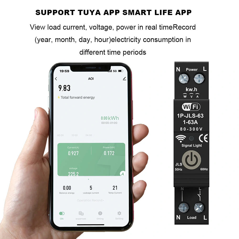 Smart WiFi Circuit Breaker 1P 63A with Energy Monitoring, Alexa & Google Assistant Compatibility, Remote Control