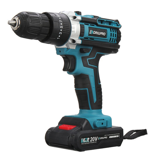Drillpro 20V Electric Power Drill Driver, 1450 RPM, 3 Gears, 28N.m, Impact Function, 220V Compatible