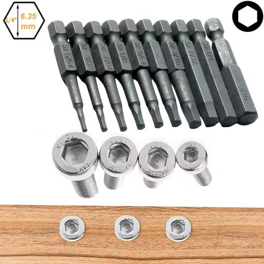 S2 Steel Hex Bit Set 10PCS SAE Metric 1/4in 50mm Magnetic Tips Anti-Corrosion HRC58-60 CNC Precision