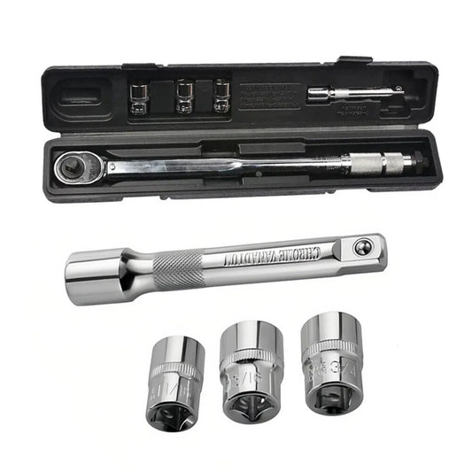 5-Piece Bi-Directional Torque Wrench Set 28-210Nm with Sockets & Extension Bar - High Precision Heat-Treated Steel