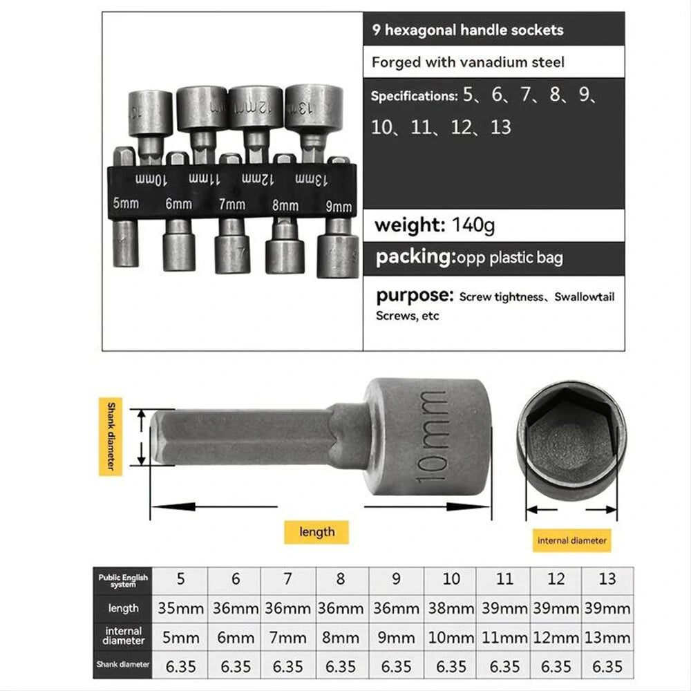 Electric Hexagon Screwdriver Socket Set - 14/9 Piece Non-Magnetic Combination