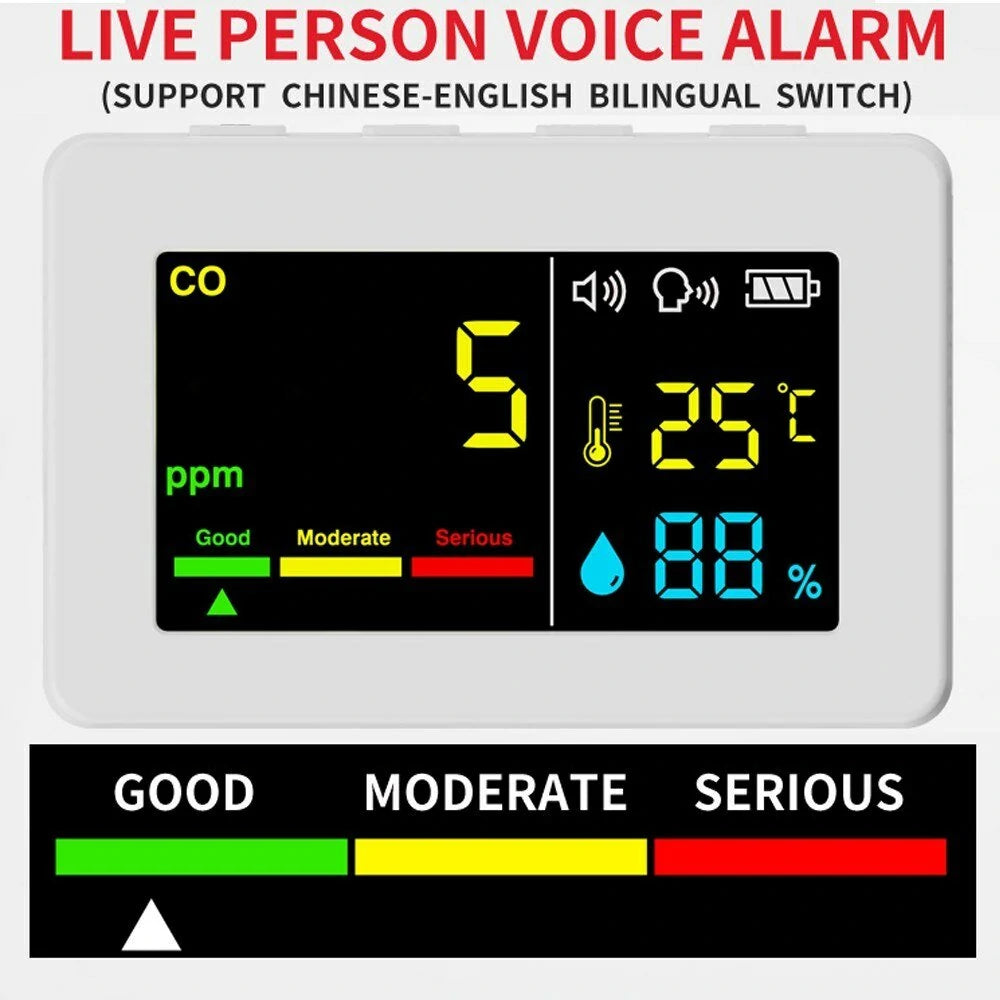 3-in-1 Portable Air Quality Meter: CO, Temperature & Humidity Tester with Color Screen, Voice Alarm & Battery Display