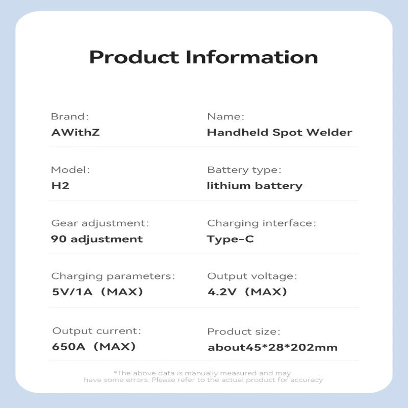 AWithZ H2 Handheld Spot Welder, 1800mAh Lithium Battery, 650A Output, 90 Adjustable Gears, Type-C Charging, Compact Design