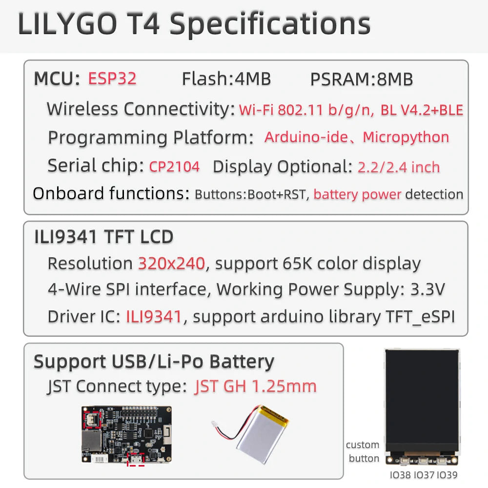 2.4 ILI9341 LCD Display, LILYGO® TTGO T4 V1.3 ESP32 Dev Board with CH9102F, WiFi & Bluetooth Module