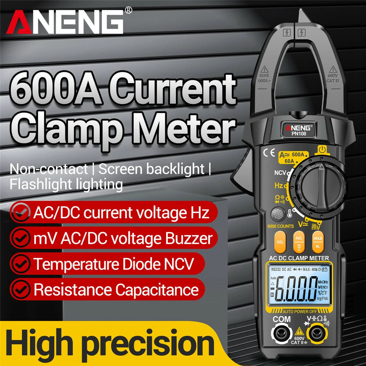ANENG PN108 Clamp Meter | High-Precision 600A/600V AC/DC Voltage & Current Tester | Auto Power Off | Backlit Display