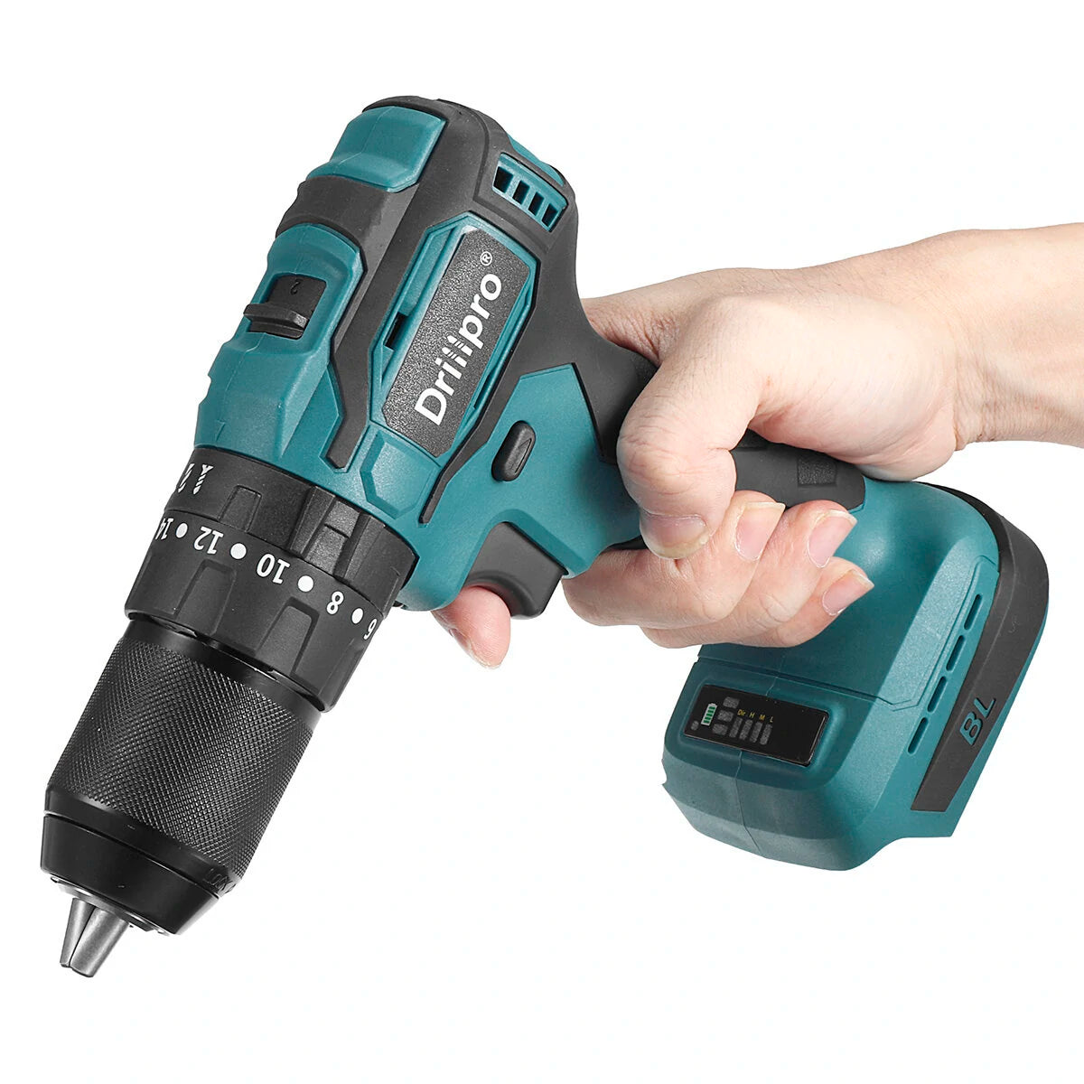 Drillpro Cordless Brushless Impact Drill Driver, 10mm/13mm, Rechargeable Electric Screwdriver Compatible with Makita