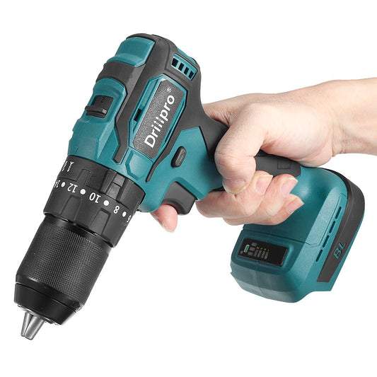 Drillpro Cordless Brushless Impact Drill Driver, 10mm/13mm, Rechargeable Electric Screwdriver Compatible with Makita