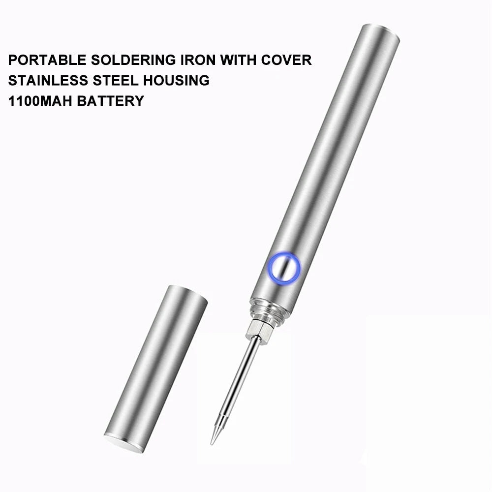 Drillpro 1100mAh Cordless Mini Soldering Iron with Cover, Stainless Steel Case, USB Charging Cable & Extra Tips for DIY Projects & Students