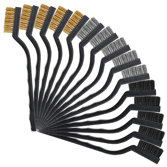 15-Piece Wire Brush Set: Stainless Steel, Brass & Nylon Curved Handle Brushes for Industrial Cleaning & Rust Removal