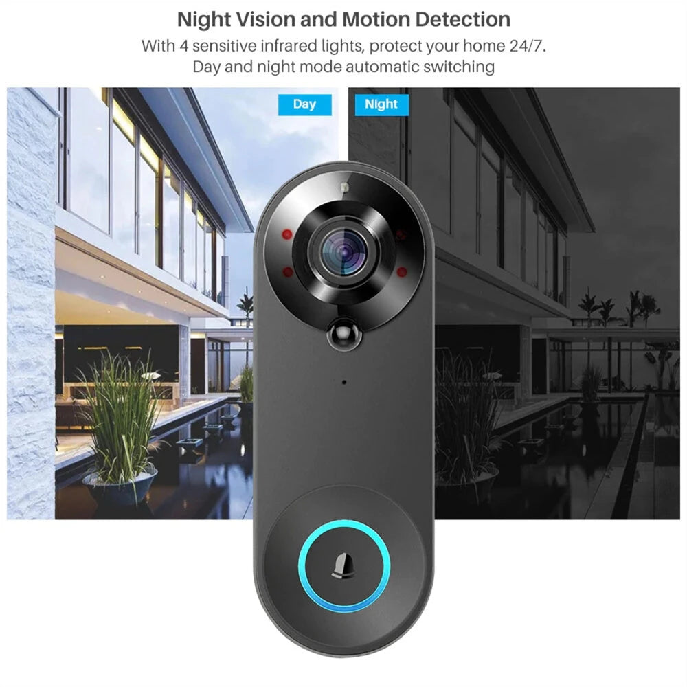 Smart WiFi Tuya 1080P Video Doorbell with Wide-Angle, PIR Motion Sensor, Night Vision, Two-Way Audio, TF Card & Cloud Storage for Home Security